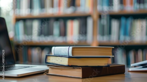 A stack of books on a table next to a laptop