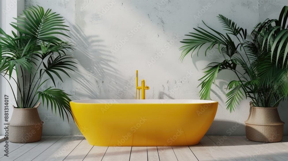 Fototapeta premium Modern loft interior design with white walls green palm leaf background and yellow bathtub