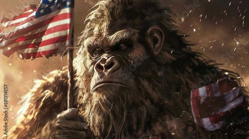 An intense and imposing gorilla holds the American flag in one hand while wearing a stern and solemn look, enhancing the theme of power and patriotism amidst a stormy backdrop. photo