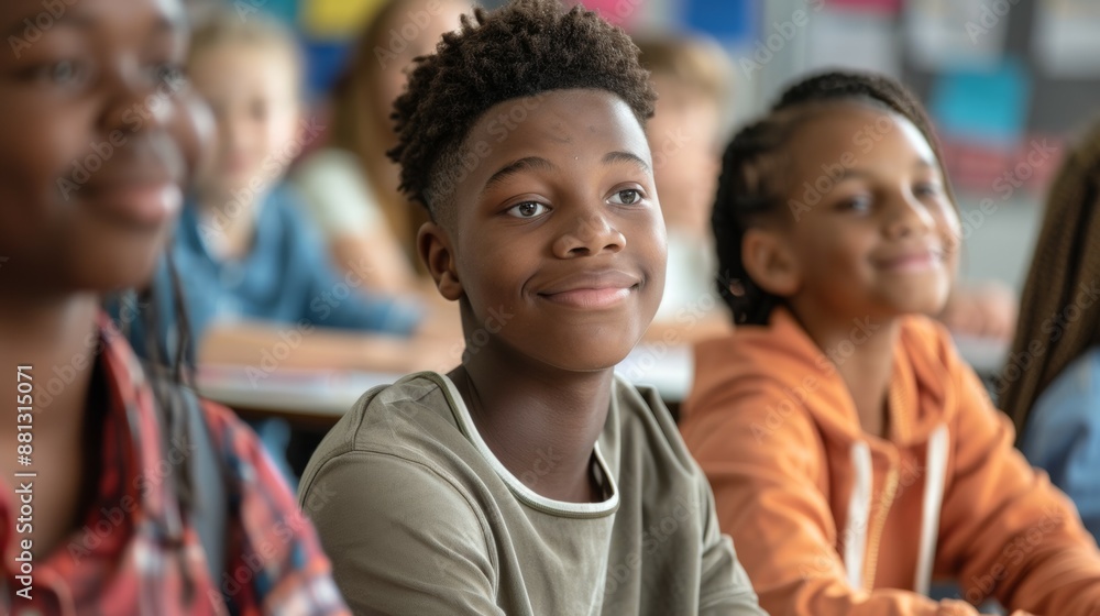 A group of children are sitting in a classroom and one of them is smiling A group of children are sitting in a classroom and one of them is smiling