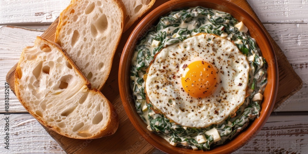 Fresh spinach leaves topped with a single egg Fresh spinach leaves topped with a single egg