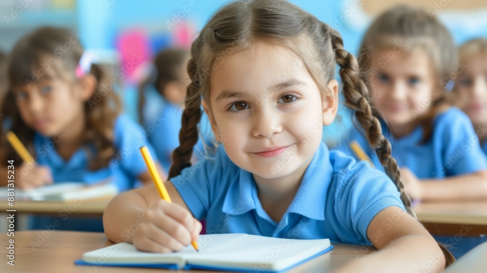 A young girl is sitting at a desk with a pencil and writing in a notebook A young girl is sitting at a desk with a pencil and writing in a notebook