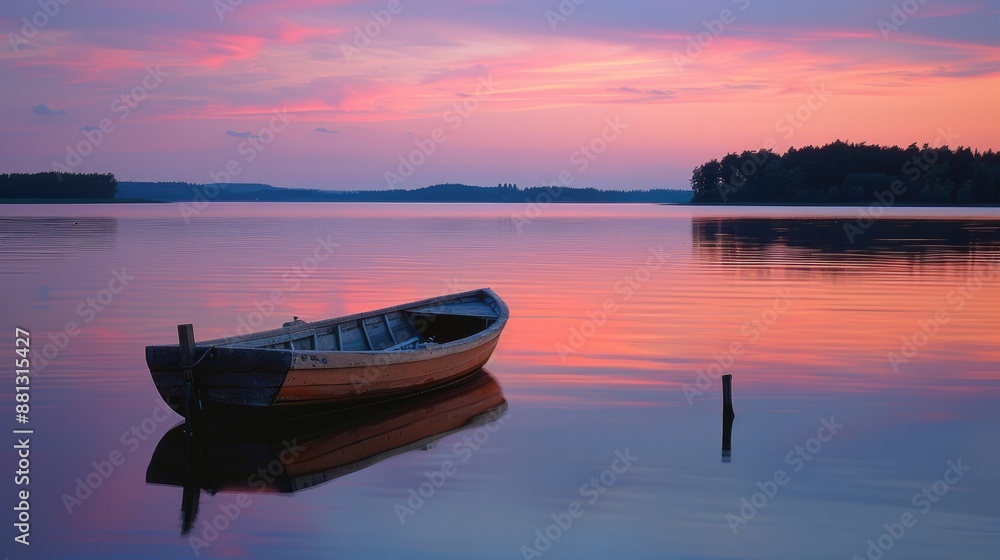 Fototapeta premium A serene photograph of a small wooden sailboat floating on a calm lake at sunset.