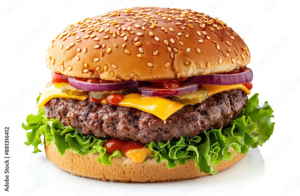 Close-up of a burger with fresh vegetables, herbs and spices on a white background, perfect for advertising a restaurant or fast food app Close-up of a burger with fresh vegetables, herbs and spices on a white background, perfect for advertising a restaurant or fast food app