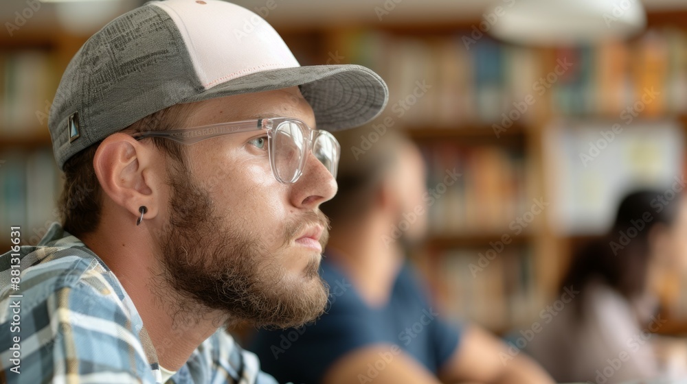 A man with glasses and hat is looking at a book A man with glasses and hat is looking at a book