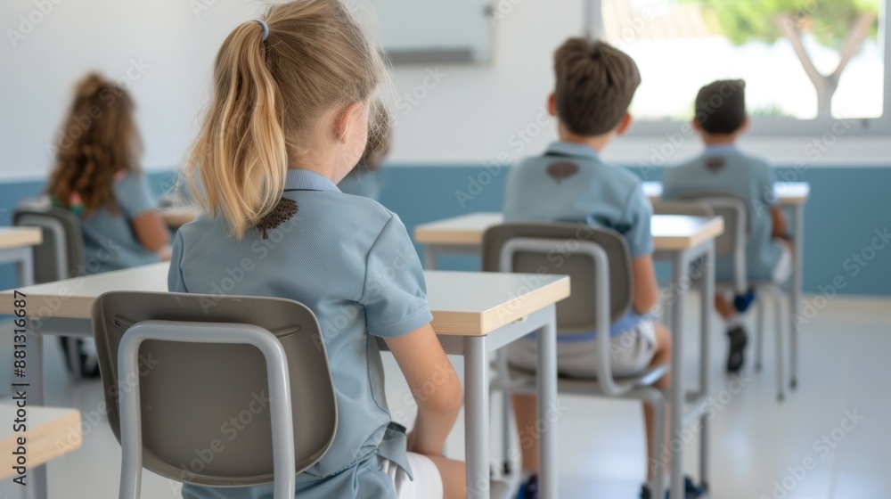 A group of children sit in a classroom, with one girl wearing a blue shirt A group of children sit in a classroom, with one girl wearing a blue shirt