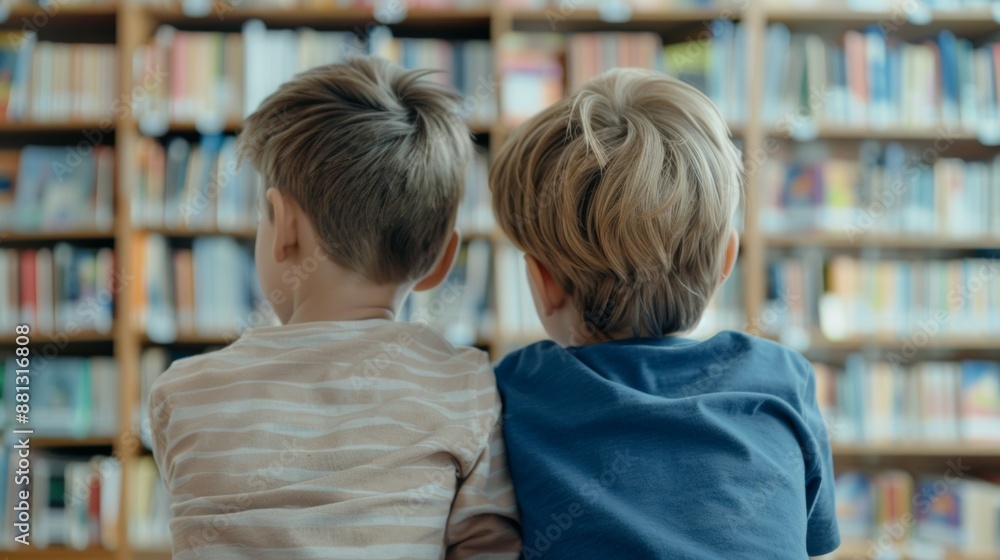 Two young boys are sitting in a library, looking at a book Two young boys are sitting in a library, looking at a book