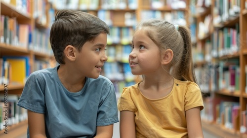 Two children are sitting in a library, smiling at each other