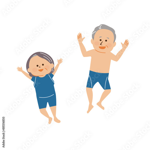 水着を着てジャンプする男女のシニア　イラスト