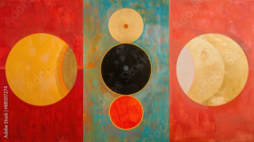 A painting of three circles and a half moon, ideal for use in designs related to spirituality, astrology or mysticism photo