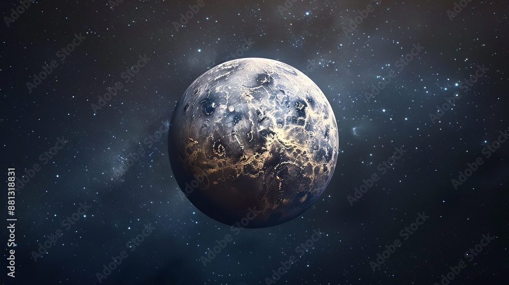 Obraz premium This image showcases a frozen planet with intricate surface details floating serenely in space, surrounded by twinkling stars that enhance the mysterious celestial ambiance.