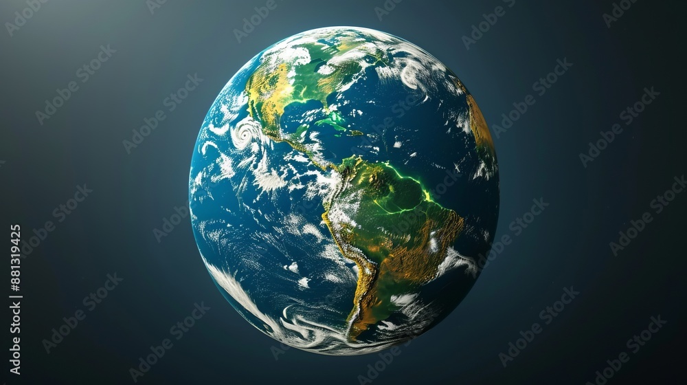 Obraz premium A detailed satellite image of Earth, focusing on the Western Hemisphere, highlighting countries in North and South America, with clear views of the surrounding oceans and weather systems.