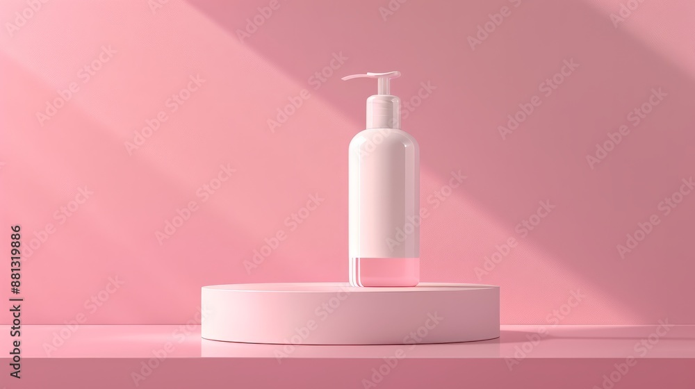 Sleek cosmetic lotion dispenser in 3D animation, featuring a modern, translucent cap and smooth design on a cool backdrop Sleek cosmetic lotion dispenser in 3D animation, featuring a modern, translucent cap and smooth design on a cool backdrop