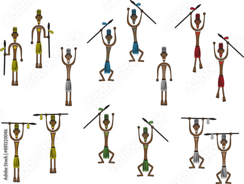 A set of Africans in ethnic clothes, standing in different poses holding spears in their hands. People from the tribe. Vector illustration. Isolated on a transparent background.
