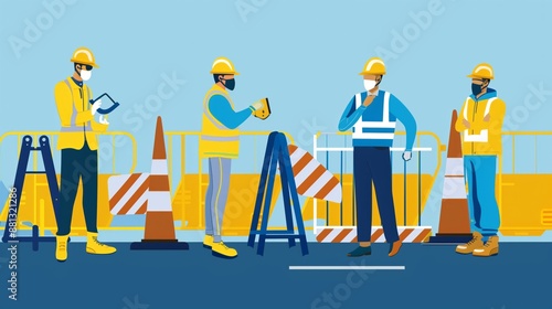 Flat vector illustration in blue colors showing workers wearing PPE with barriers and safety equipment. photo