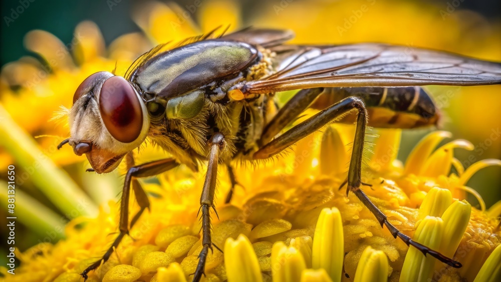 Extremely detailed close-up of a solitary fly with an unusually long proboscis sipping nectar from a delicate yellow flower. Extremely detailed close-up of a solitary fly with an unusually long proboscis sipping nectar from a delicate yellow flower.
