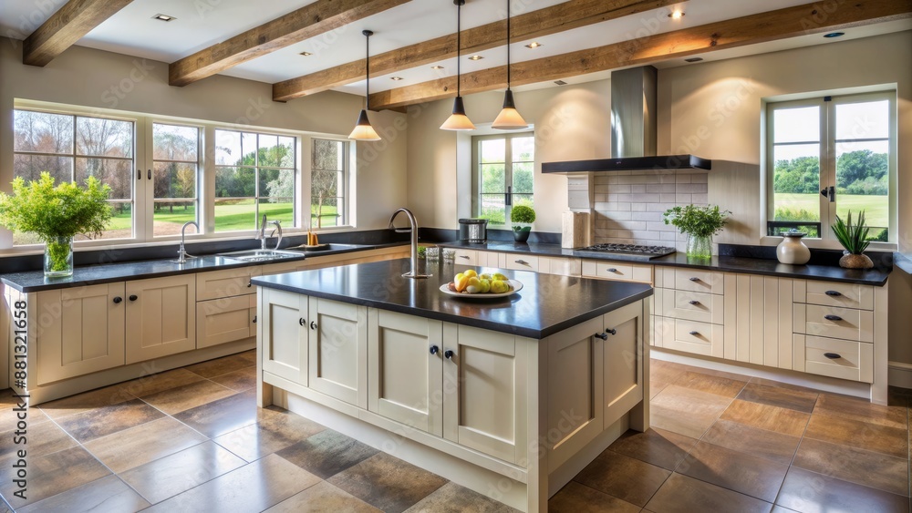 Sleek, modern UK farmhouse kitchen features neutral painted wood units, bold black granite countertops, and abundant natural light pouring in. Sleek, modern UK farmhouse kitchen features neutral painted wood units, bold black granite countertops, and abundant natural light pouring in.