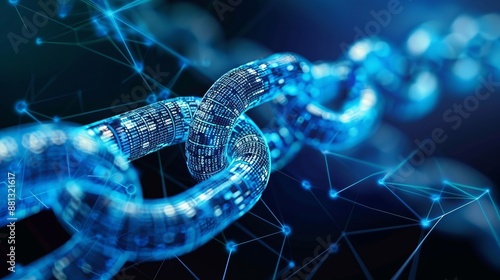 A conceptual image illustrating the strength and security of blockchain networks, with glowing blue links and digital numeric patterns symbolizing encrypted connections.