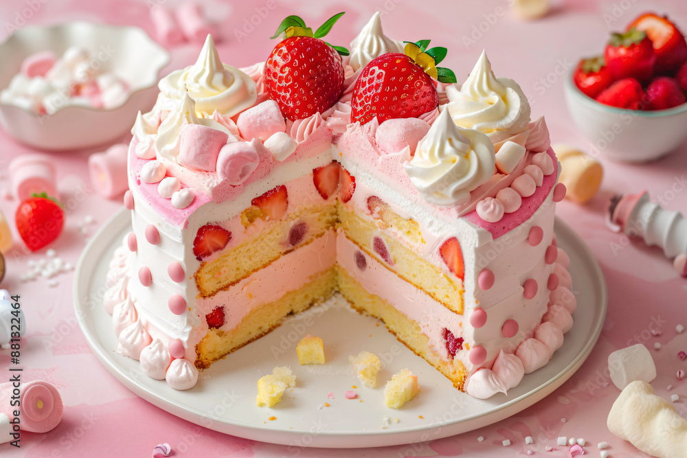 a strawberry cake with a slice taken out of it a strawberry cake with a slice taken out of it