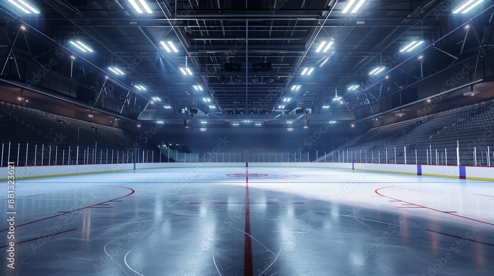 An ice hockey rink illuminated with bright lights focused on the center ice, representing an anticipated and thrilling game in a state-of-the-art indoor sporting arena. An ice hockey rink illuminated with bright lights focused on the center ice, representing an anticipated and thrilling game in a state-of-the-art indoor sporting arena.
