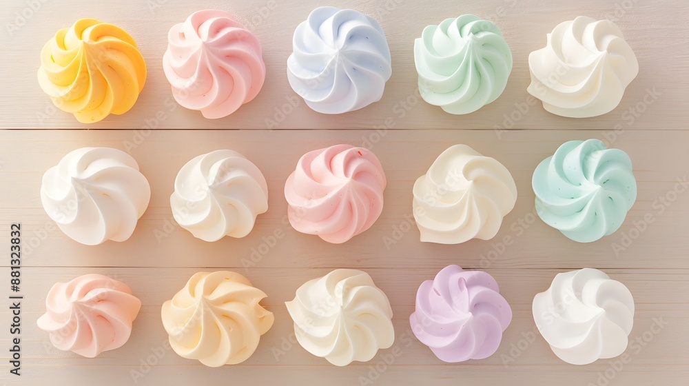 Colorful Swirled Meringues on Wooden Background. Colorful Swirled Meringues on Wooden Background.
