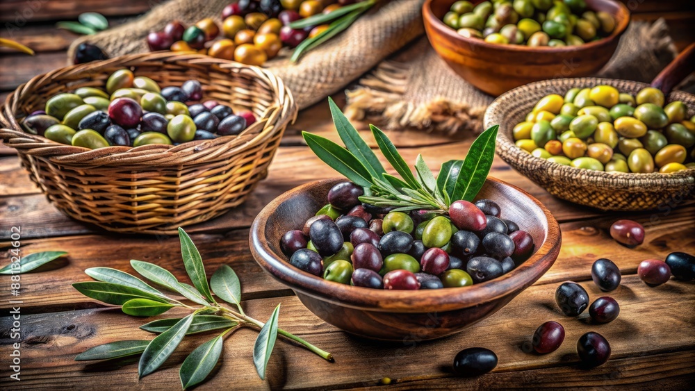 A rustic wooden table scattered with freshly harvested green and black olives, accompanied by vintage ceramic bowls and woven basket. A rustic wooden table scattered with freshly harvested green and black olives, accompanied by vintage ceramic bowls and woven basket.