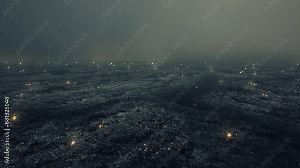 A rainy, gloomy landscape with scattered tiny glowing lights on the ground, enveloped in fog and drizzle, giving an impression of a calm but intense ambience. A rainy, gloomy landscape with scattered tiny glowing lights on the ground, enveloped in fog and drizzle, giving an impression of a calm but intense ambience.