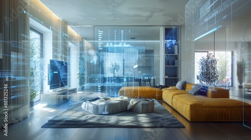 A contemporary living room featuring advanced technological holographic displays, presenting an innovative blend of comfort and cutting-edge digital advancements in home design.