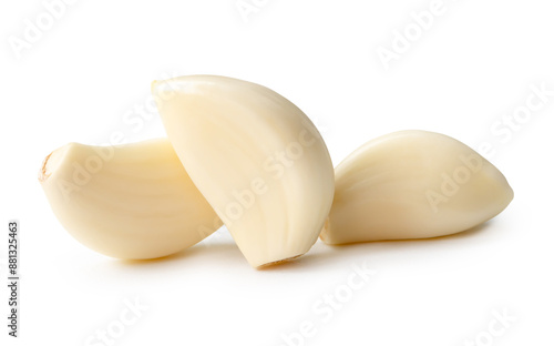 Front view of peeled garlic cloves in stack isolated on white background with clipping path