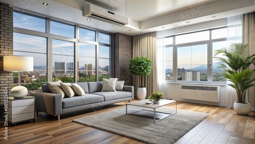 Wallpaper Mural Sleek modern air conditioner unit blends seamlessly into stylish studio apartment with contemporary decor and large windows. Torontodigital.ca