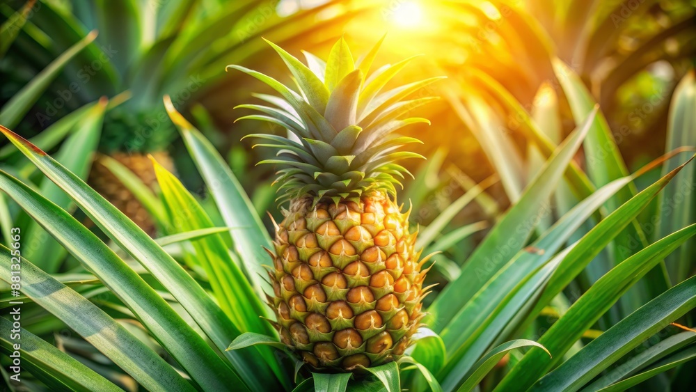Ripe golden pineapple growing on lush green tropical plant with vibrant leaves in a sunny outdoor exotic environment naturally. Ripe golden pineapple growing on lush green tropical plant with vibrant leaves in a sunny outdoor exotic environment naturally.