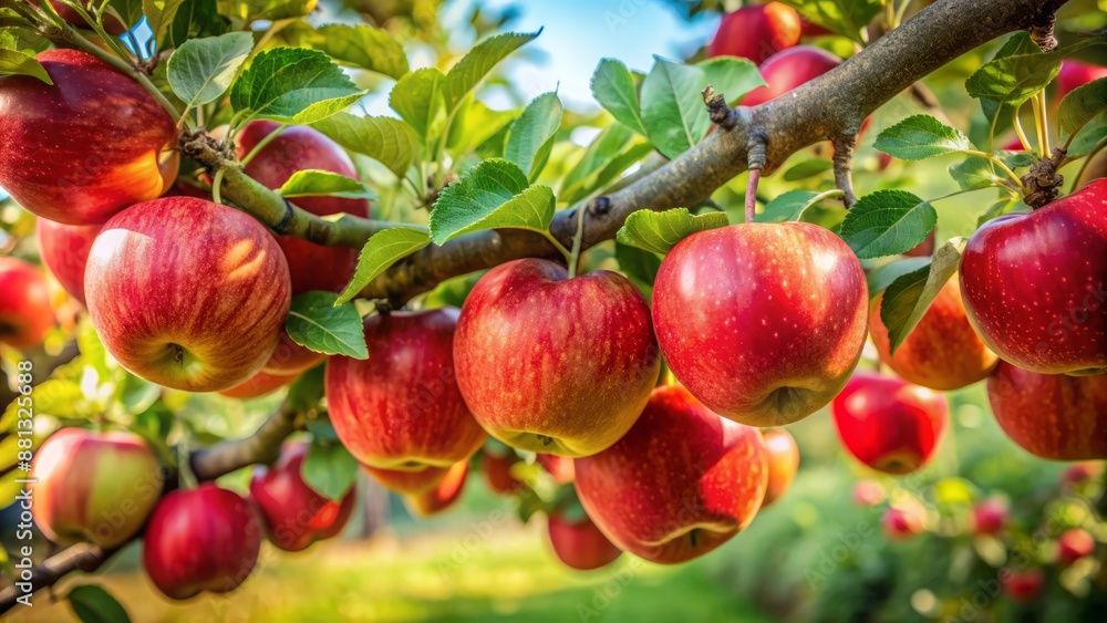 Ripe red apples cling to a gnarled branch, swaying gently in the breeze, amidst lush green leaves in a serene orchard setting. Ripe red apples cling to a gnarled branch, swaying gently in the breeze, amidst lush green leaves in a serene orchard setting.