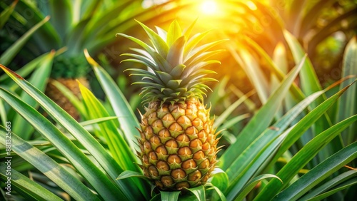 Ripe golden pineapple growing on lush green tropical plant with vibrant leaves in a sunny outdoor exotic environment naturally. photo