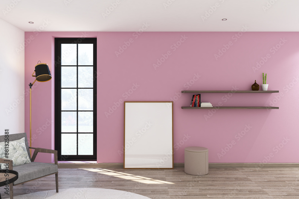 Fototapeta premium 3d render of minimal interior design wall mockup with shelves and frames. Light oak wood parquet floor, pink wall and white ceiling. Set 3