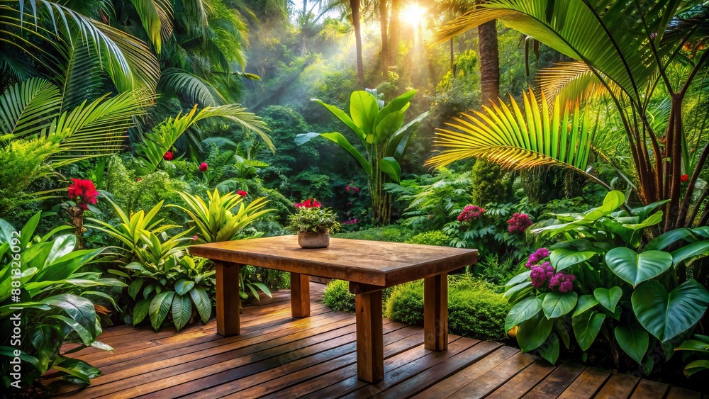 Fototapeta premium Serene wooden table amidst vibrant green foliage, exotic flowers, and lush plants in a tranquil, untouched jungle paradise setting.