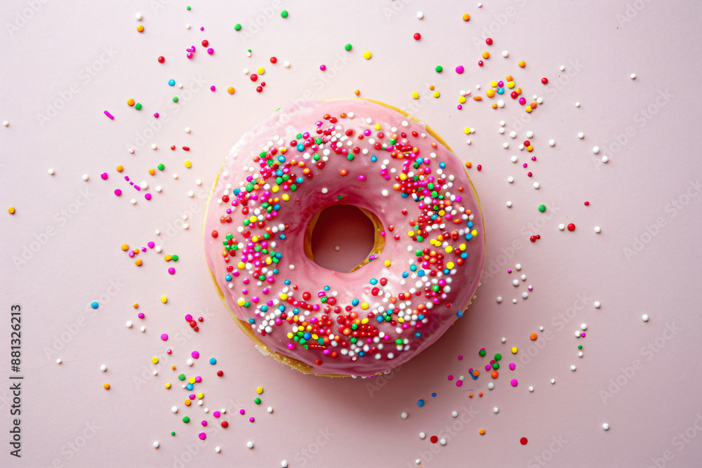 a pink donut with sprinkles on a white surface a pink donut with sprinkles on a white surface