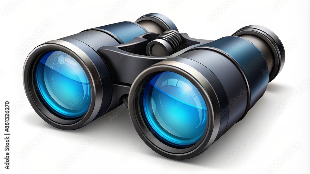 High-quality vector illustration of black binoculars with bright blue lenses resting on a smooth white surface in clean perspective view. High-quality vector illustration of black binoculars with bright blue lenses resting on a smooth white surface in clean perspective view.