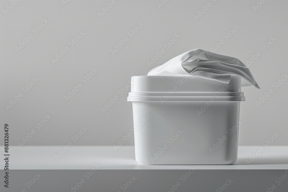 A white container with a tissue on top, often used for storage or organization A white container with a tissue on top, often used for storage or organization