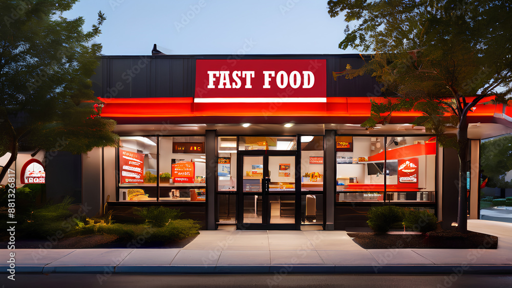 Naklejka premium Fast food fun! Colorful and inviting view of a popular fast food franchise (perfect for family dining promotions)