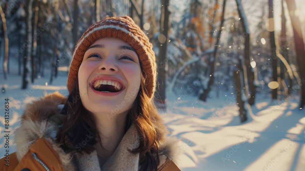 A joyous young woman in a red knitted hat, brown coat, and scarf laughs heartily as snow falls around her in a scenic winter forest setting, capturing happiness. A joyous young woman in a red knitted hat, brown coat, and scarf laughs heartily as snow falls around her in a scenic winter forest setting, capturing happiness.