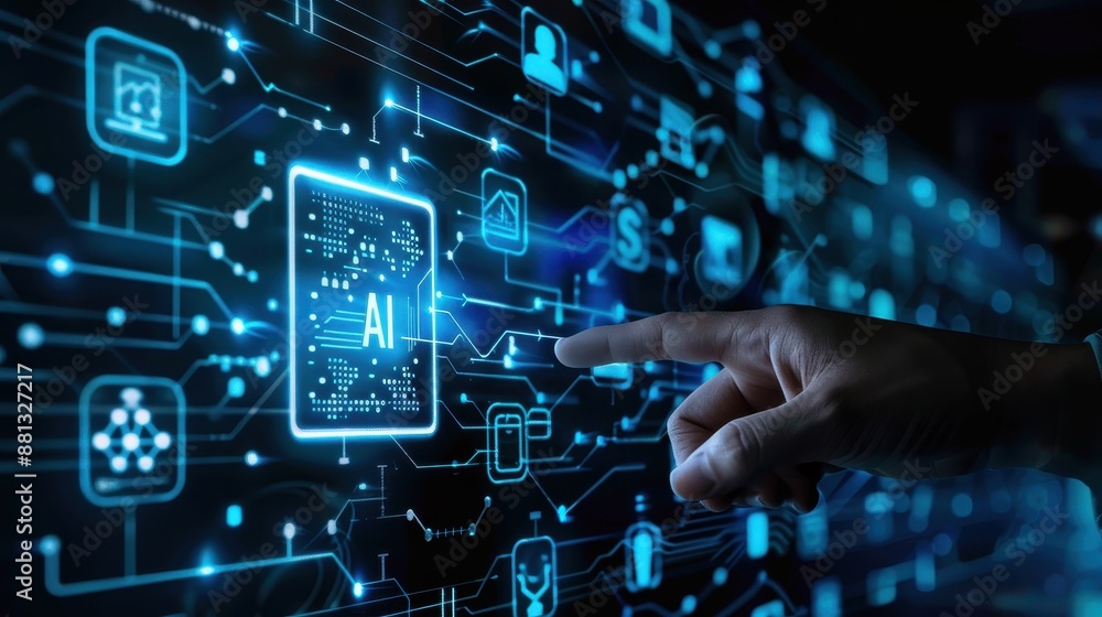 Focus on the glowing AI icon touched by the hand, symbolizing innovation in the field of artificial intelligence Focus on the glowing AI icon touched by the hand, symbolizing innovation in the field of artificial intelligence