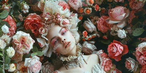 A woman relaxing in a colorful flower bed with petals surrounding her