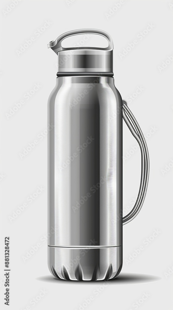 Vacuum insulated water bottle with carry handle, realistic vector mockup. Stainless steel shiny metal sport flask, template Vacuum insulated water bottle with carry handle, realistic vector mockup. Stainless steel shiny metal sport flask, template