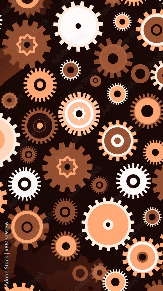 A digital illustration of interlocking cogwheels in shades of brown and white on a black background A digital illustration of interlocking cogwheels in shades of brown and white on a black background