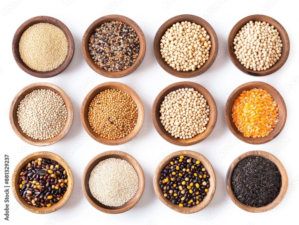 Various grains displayed in wooden bowls on a white surface Various grains displayed in wooden bowls on a white surface