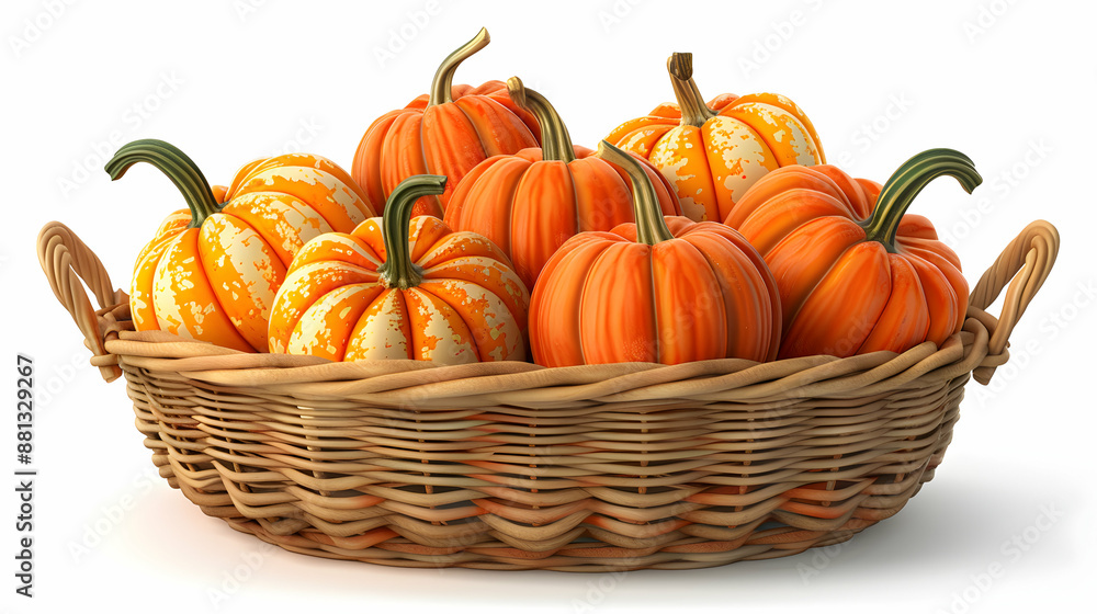 3D Flat Icon Fall Harvest Basket with Pumpkins and Squash Thanksgiving Concept with Copy Space on White Background 3D Flat Icon Fall Harvest Basket with Pumpkins and Squash Thanksgiving Concept with Copy Space on White Background