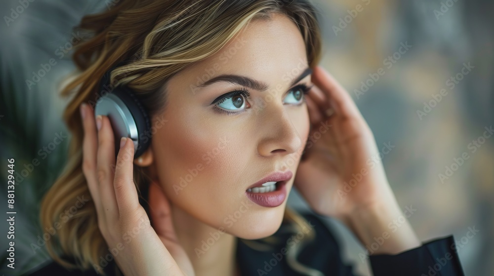 A close-up image of a woman wearing headphones, immersed in listening. Soft lighting emphasizes her focused and serene expression against a blurred background. A close-up image of a woman wearing headphones, immersed in listening. Soft lighting emphasizes her focused and serene expression against a blurred background.
