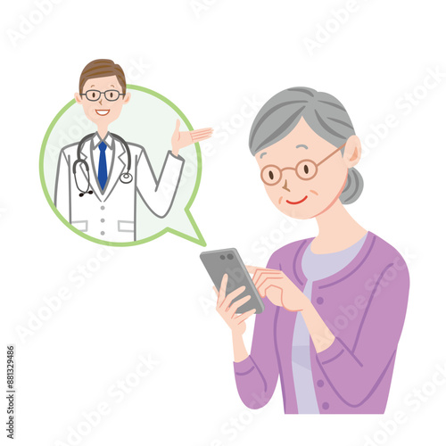 スマホでオンライン診療を受ける高齢者のイラスト素材　シニア女性　診察する医師