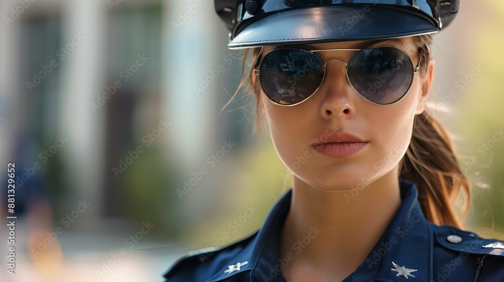 A female police officer in detailed uniform with a serious expression stands outdoors. She wears a cap and sunglasses, reflecting commitment and authority. A female police officer in detailed uniform with a serious expression stands outdoors. She wears a cap and sunglasses, reflecting commitment and authority.