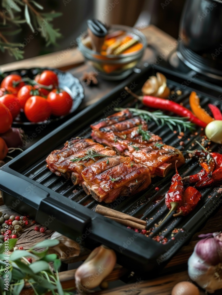 A plate of grilled meat and mixed vegetables A plate of grilled meat and mixed vegetables